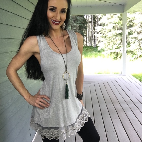 NEW heather grey long tunic sleeveless with lace - Picture 3 of 6